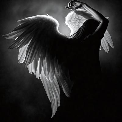 The primary subject of the image is a person with white wings, possibly an angel or a superhero. The person is standing in a dark environment, possibly a night sky, with their wings spread wide. The visual style of the image is a combination of photo and digital art, creating a dramatic and mysterious atmosphere. The colors and mood of the image are predominantly dark, with the white wings of the person being the main source of light and contrast.